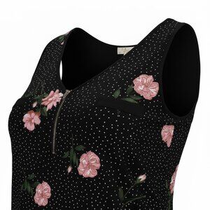 Lavish Floral Zip Front Sleeveless Blouse 1XL Black Polka Dot Top